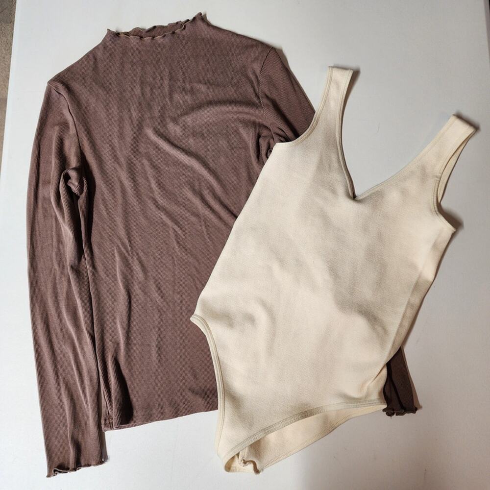 Bundle of Womens Neutral Tops S/M Brown Beige Bodysuit Rib Knit Pullover Y2K